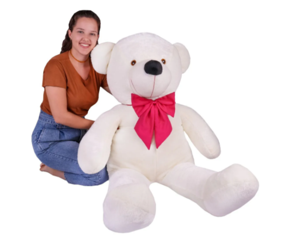 Urso De Pelúcia Gigante Teddy - Grande - Laço Personalizado Cor Baunilha/Laço Pink - Imagem 3